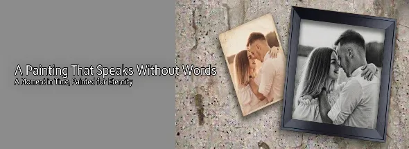 Custom couple charcoal portrait drawing showing photo‑to‑art transformation in ornate frame.